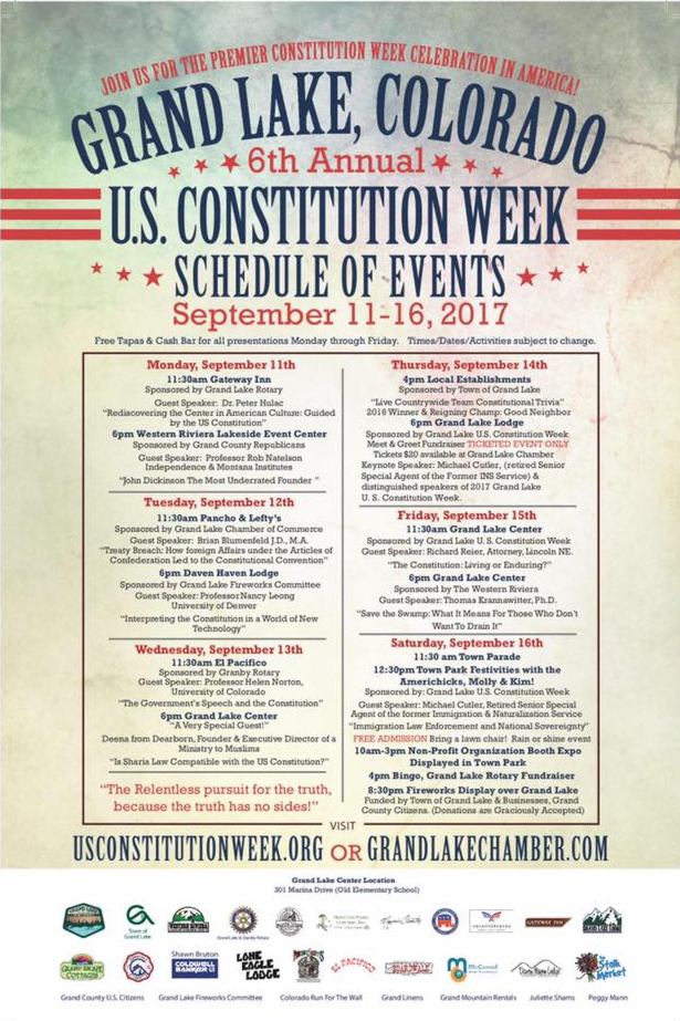 This is a picture of the downloadable 2017 Grand Lake, Colorado U.S. Constitution Week Schedule of Events.